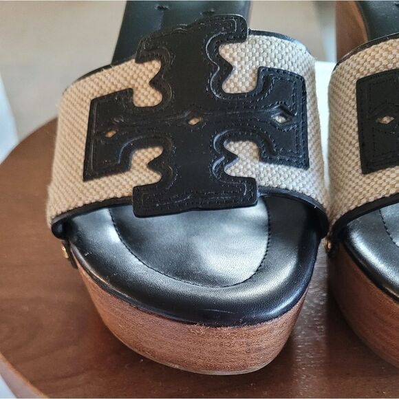 Tory Burch Black and Tan Patti Wedge Sandals Size 7 - Picture 8 of 15